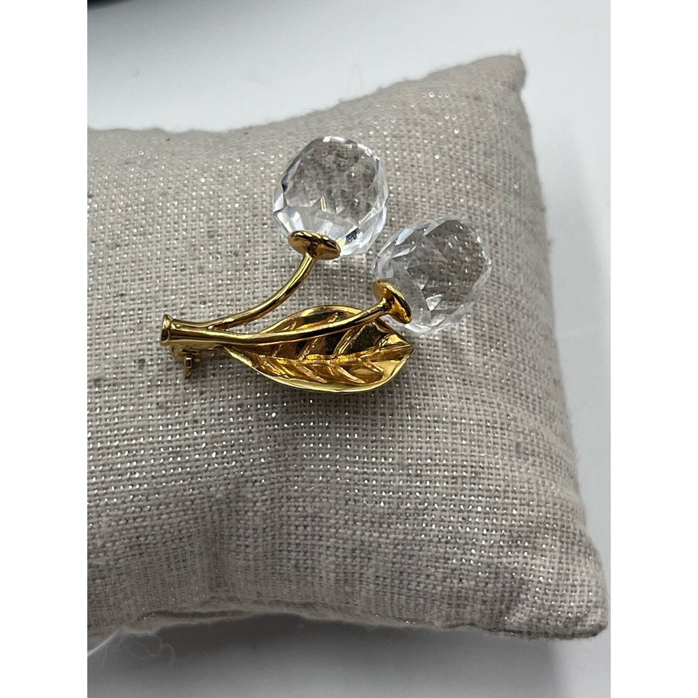 Swarovski Swan Signed Sparkling Crystal Cherry Gold‎ Plated Dangle Pin Brooch - Picture 7 of 13